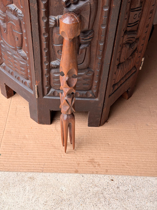 Vintage Fijian Hand Carved Wood Cannibal Fork Iculanibokola 4 Prong 13 in