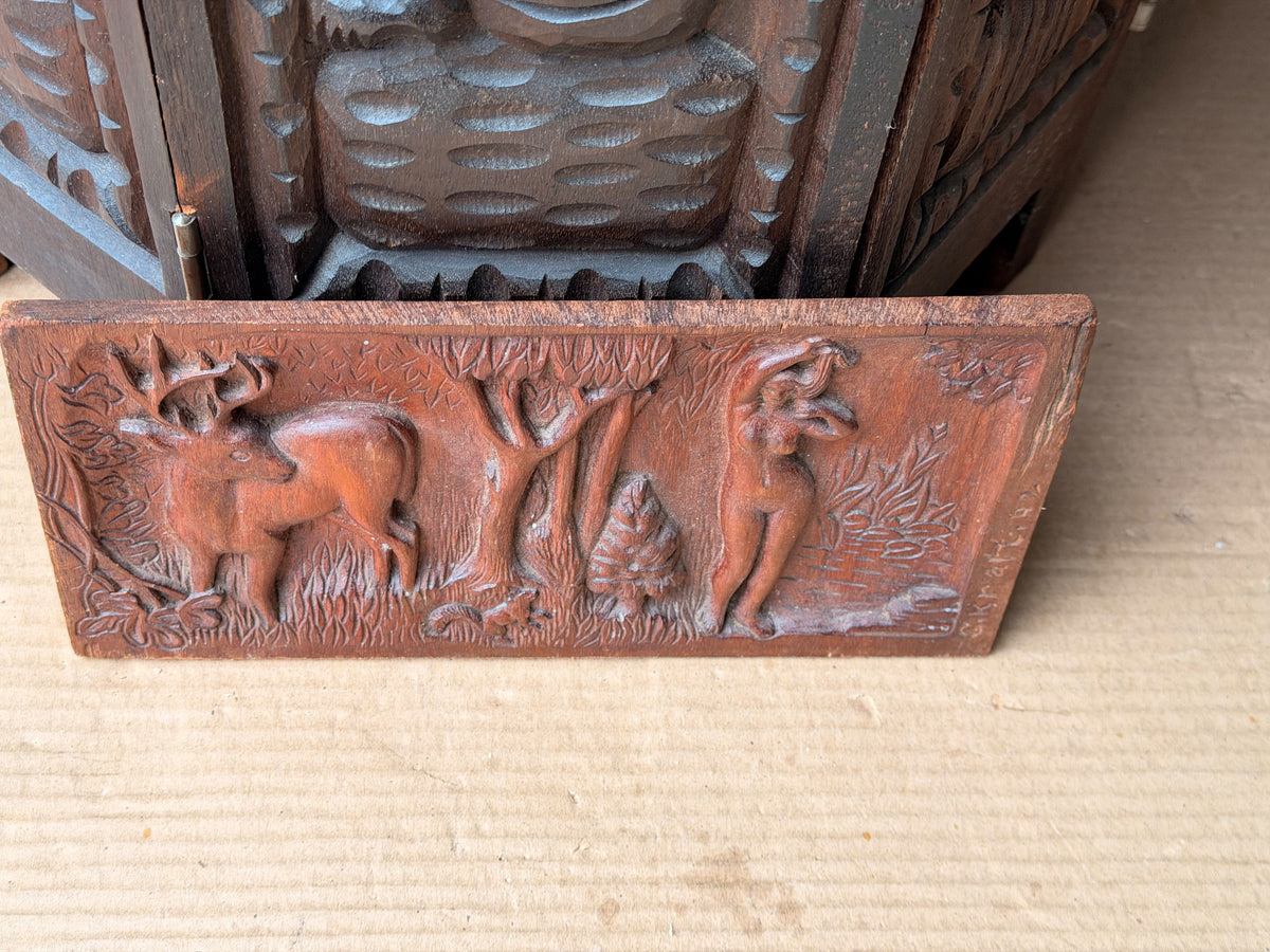 Vintage 1942 Hand Carved Wood Relief Plaque Nude Woman Stag Forest Signed Kraft