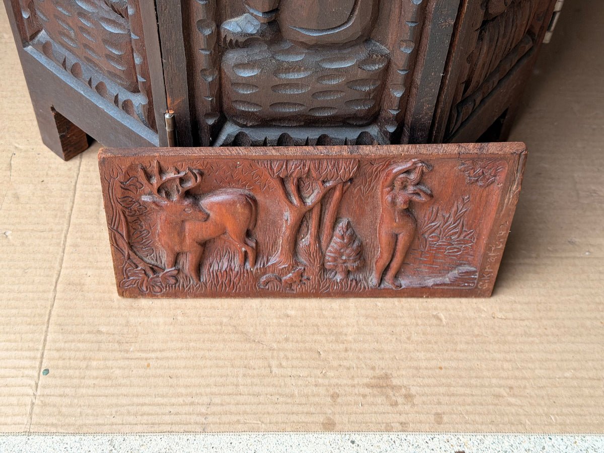 Vintage 1942 Hand Carved Wood Relief Plaque Nude Woman Stag Forest Signed Kraft