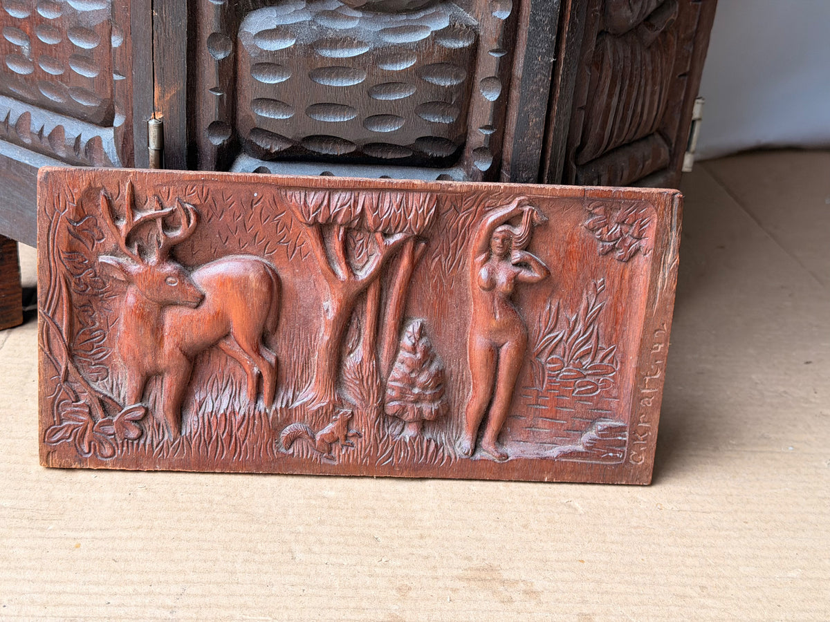 Vintage 1942 Hand Carved Wood Relief Plaque Nude Woman Stag Forest Signed Kraft