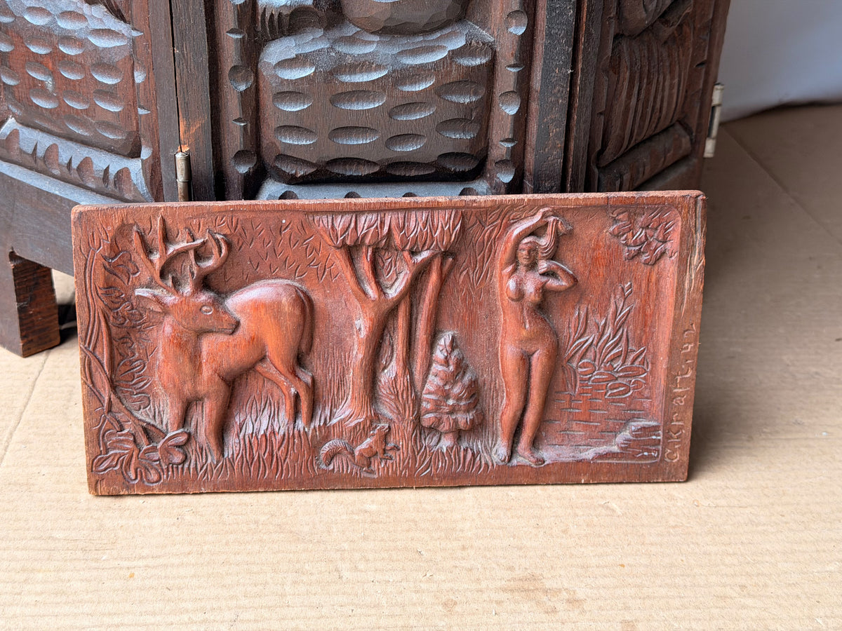 Vintage 1942 Hand Carved Wood Relief Plaque Nude Woman Stag Forest Signed Kraft