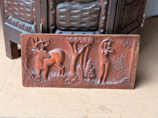 Vintage 1942 Hand Carved Wood Relief Plaque Nude Woman Stag Forest Signed Kraft