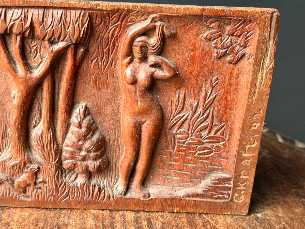 Vintage 1942 Hand Carved Wood Relief Plaque Nude Woman Stag Forest Signed Kraft