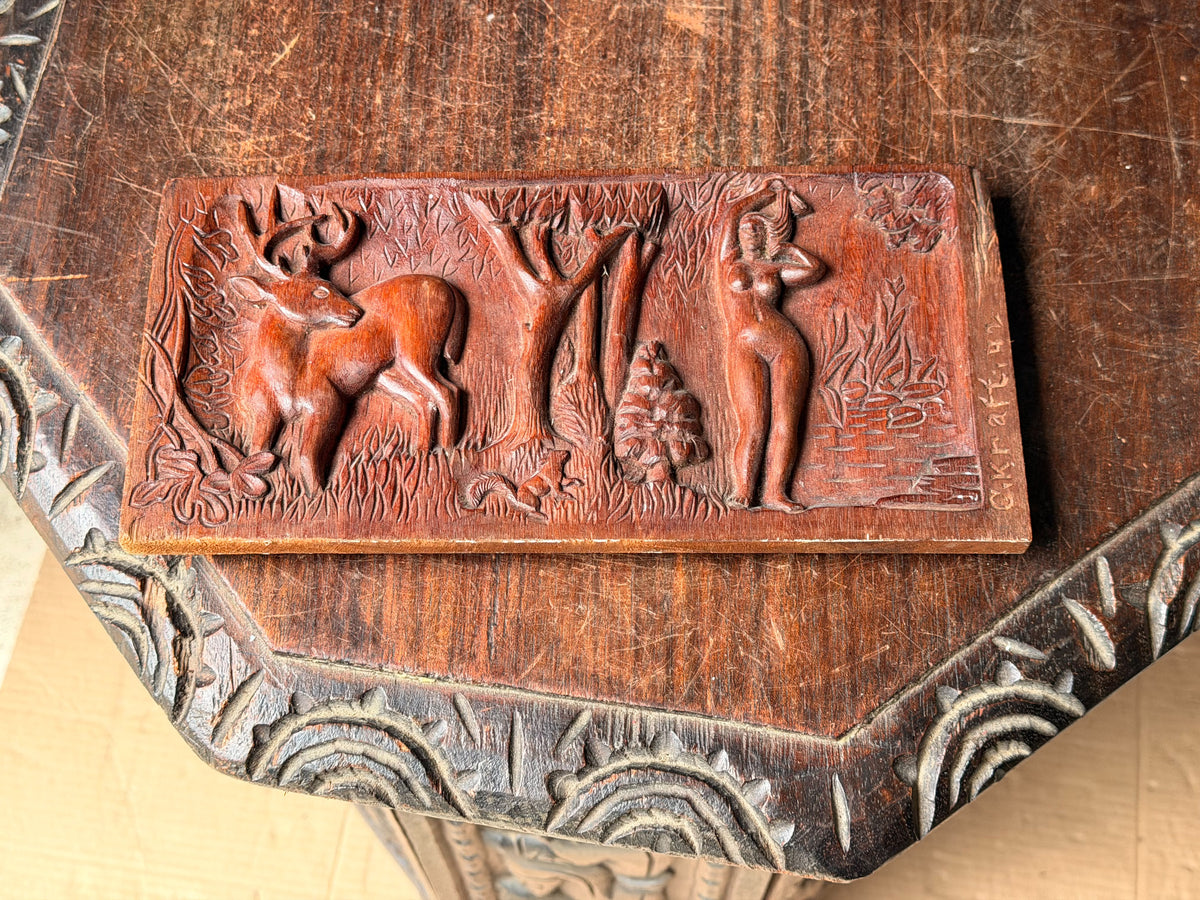 Vintage 1942 Hand Carved Wood Relief Plaque Nude Woman Stag Forest Signed Kraft