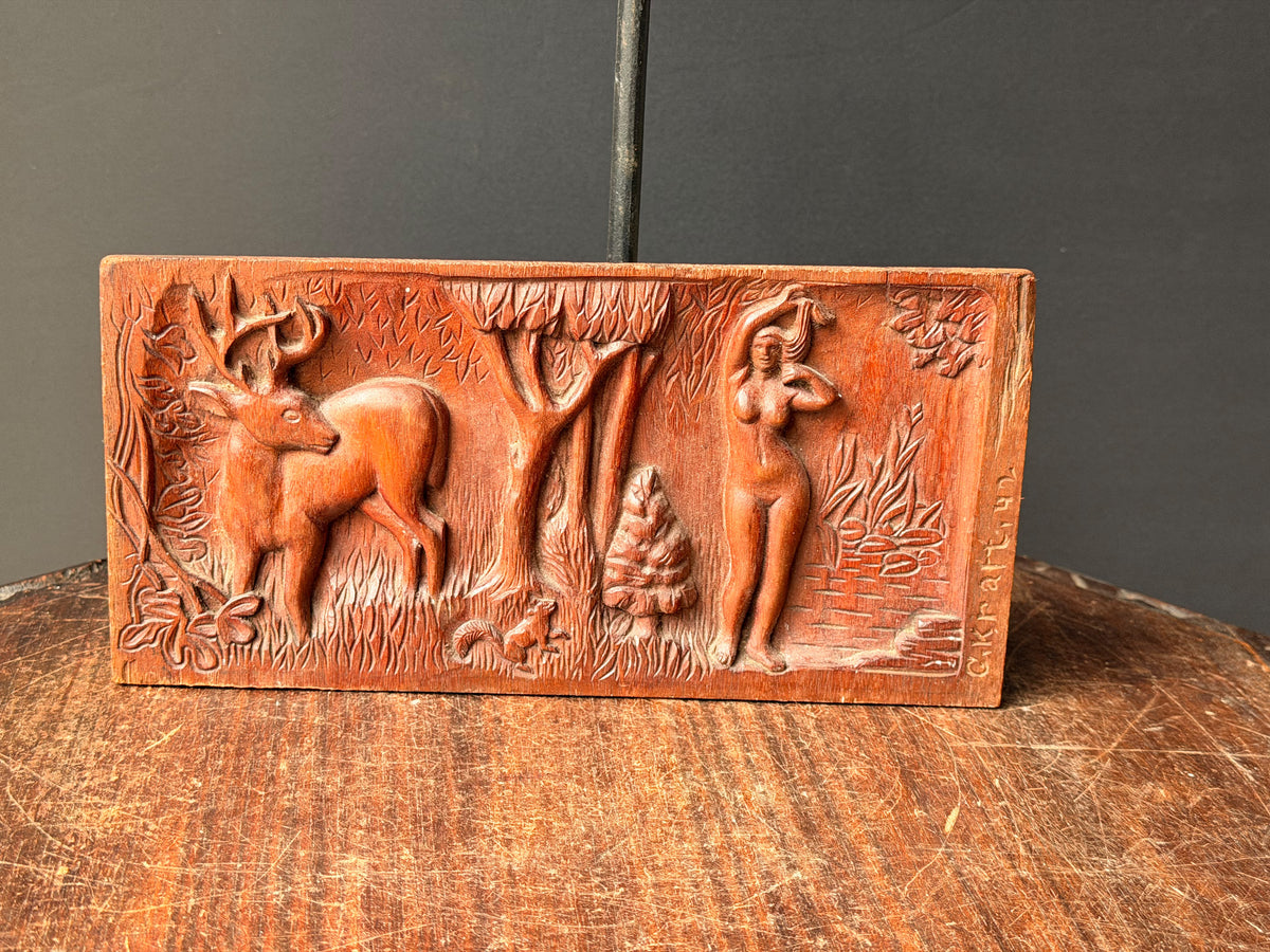 Vintage 1942 Hand Carved Wood Relief Plaque Nude Woman Stag Forest Signed Kraft