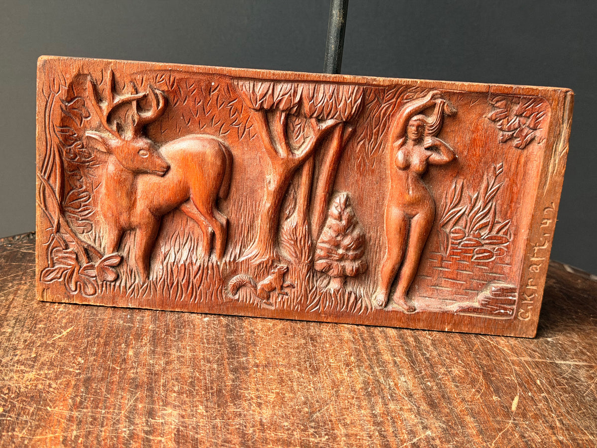 Vintage 1942 Hand Carved Wood Relief Plaque Nude Woman Stag Forest Signed Kraft