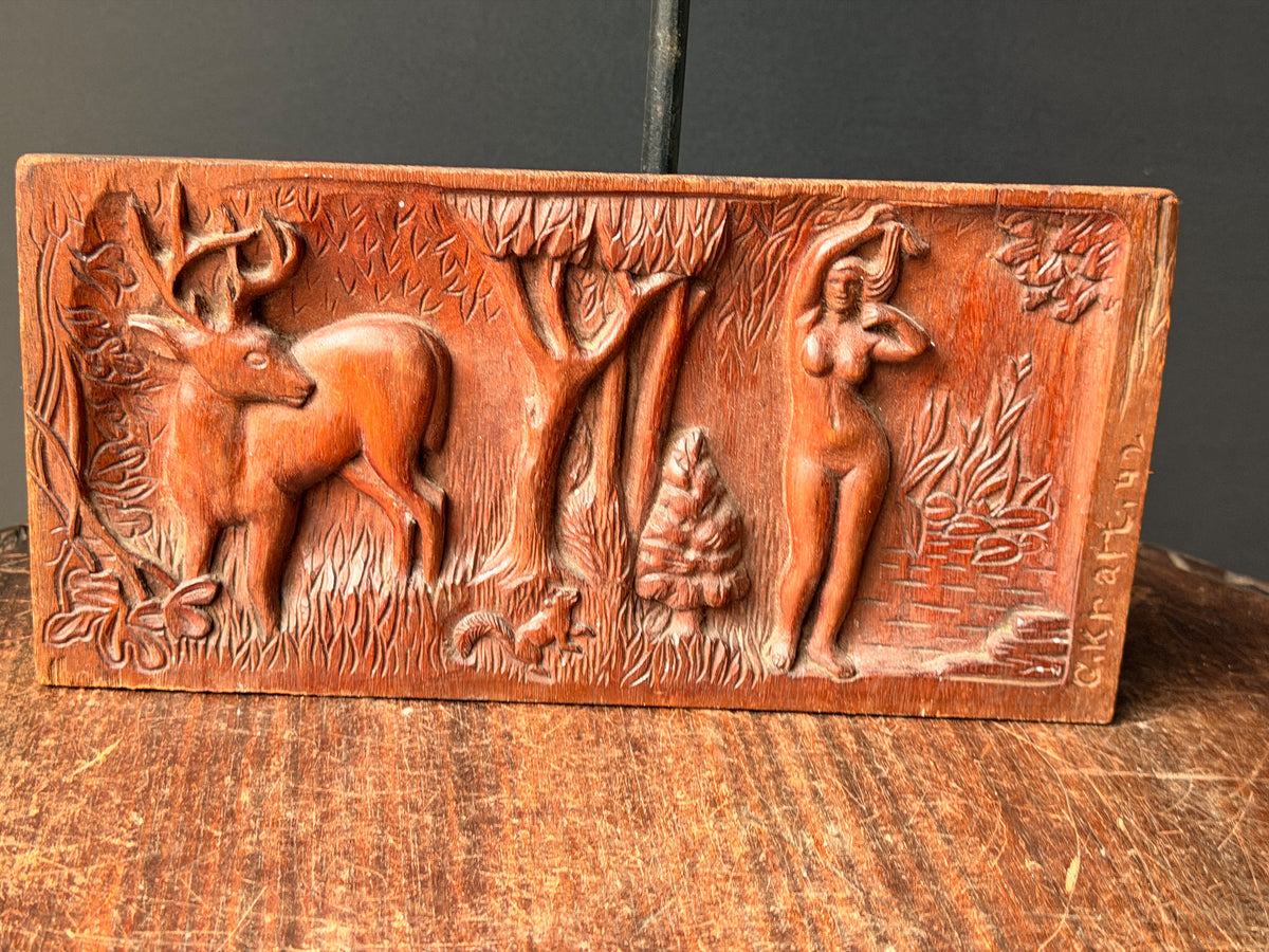 Vintage 1942 Hand Carved Wood Relief Plaque Nude Woman Stag Forest Signed Kraft