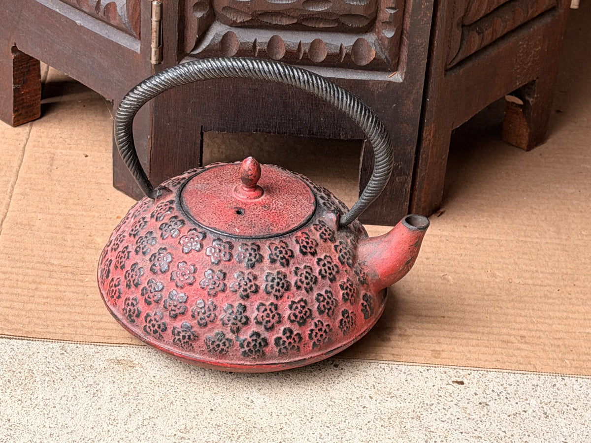 Vintage Japanese Cast Iron Tetsubin Teapot Red Plum Blossom Marked Infuser 7in