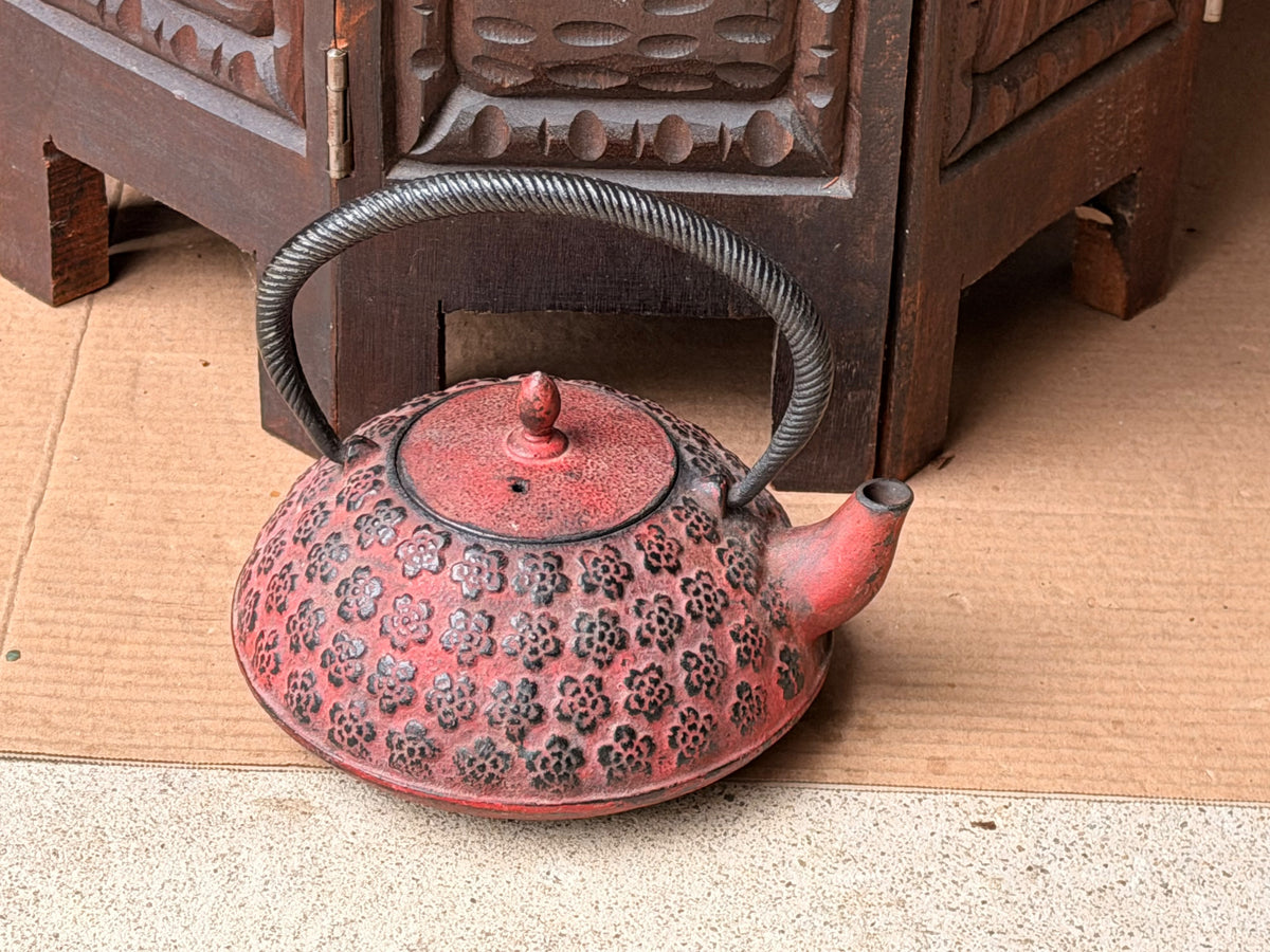 Vintage Japanese Cast Iron Tetsubin Teapot Red Plum Blossom Marked Infuser 7in