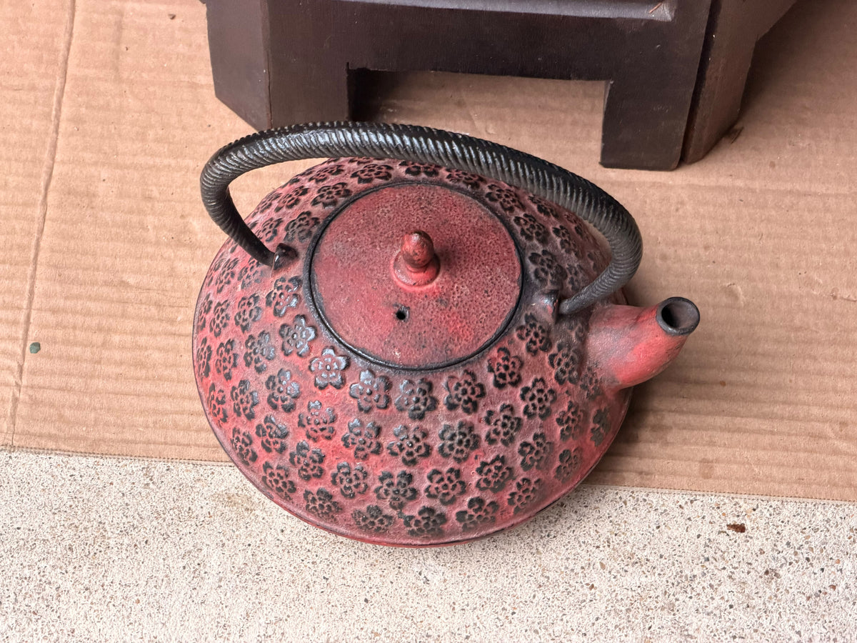 Vintage Japanese Cast Iron Tetsubin Teapot Red Plum Blossom Marked Infuser 7in