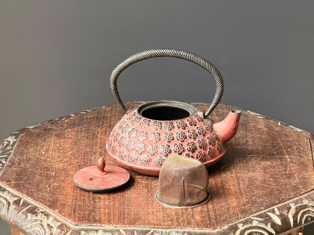 Vintage Japanese Cast Iron Tetsubin Teapot Red Plum Blossom Marked Infuser 7in