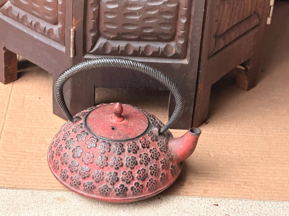Vintage Japanese Cast Iron Tetsubin Teapot Red Plum Blossom Marked Infuser 7in