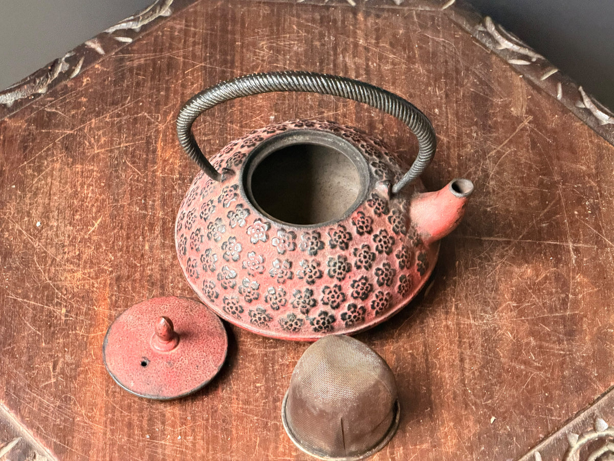 Vintage Japanese Cast Iron Tetsubin Teapot Red Plum Blossom Marked Infuser 7in