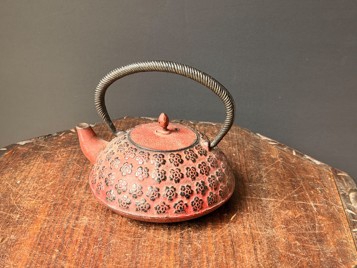 Vintage Japanese Cast Iron Tetsubin Teapot Red Plum Blossom Marked Infuser 7in