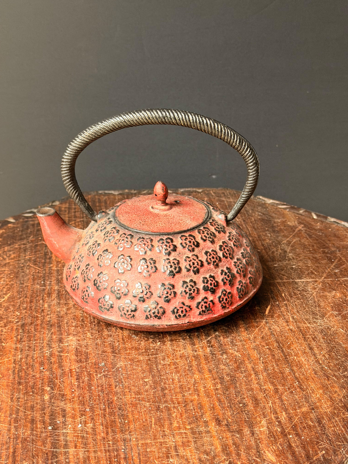 Vintage Japanese Cast Iron Tetsubin Teapot Red Plum Blossom Marked Infuser 7in