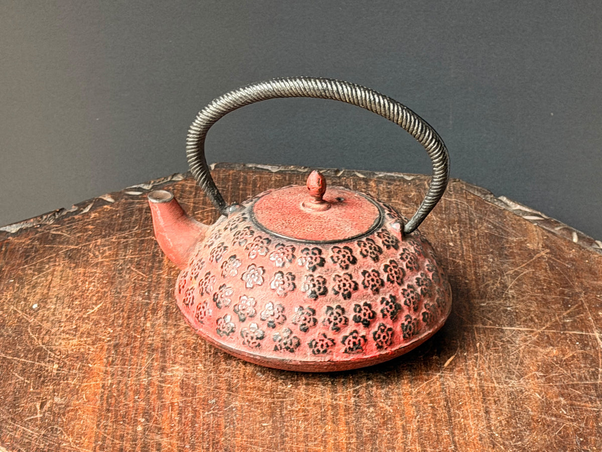 Vintage Japanese Cast Iron Tetsubin Teapot Red Plum Blossom Marked Infuser 7in