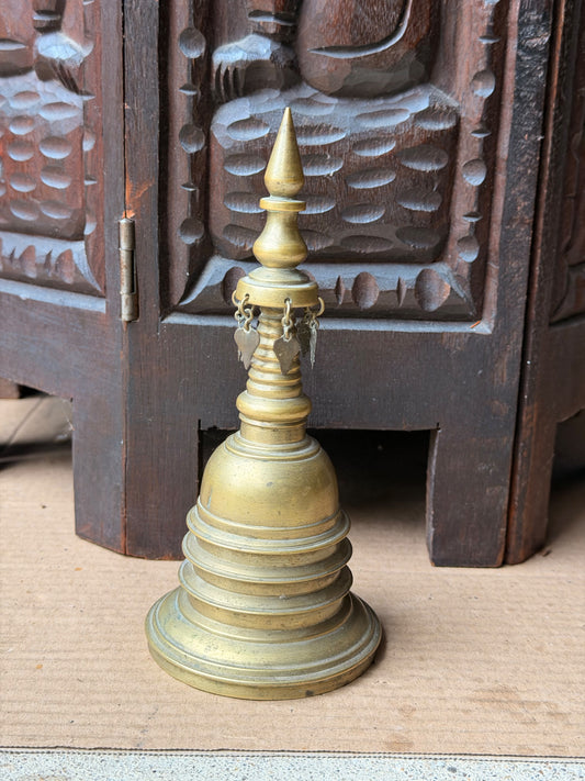 Vintage Brass Buddhist Stupa Temple Hand Bell Bodhi Leaf Charms 7.3in