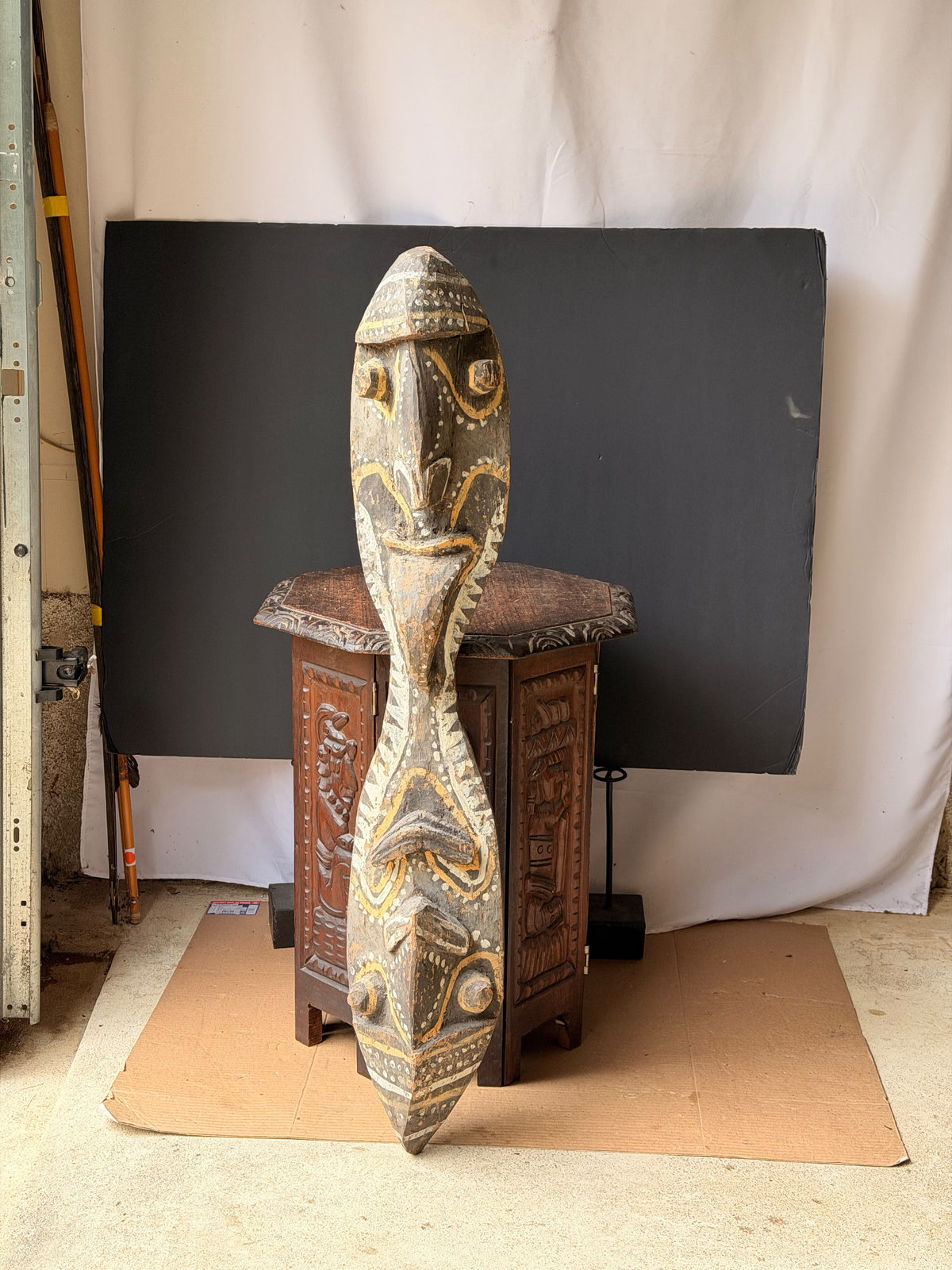 Vintage Sepik River Papua New Guinea Carved Wood Double Face Board Painted 40in