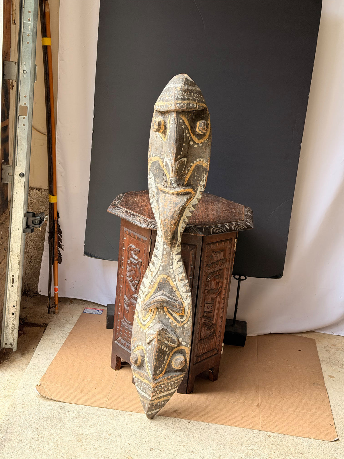 Vintage Sepik River Papua New Guinea Carved Wood Double Face Board Painted 40in