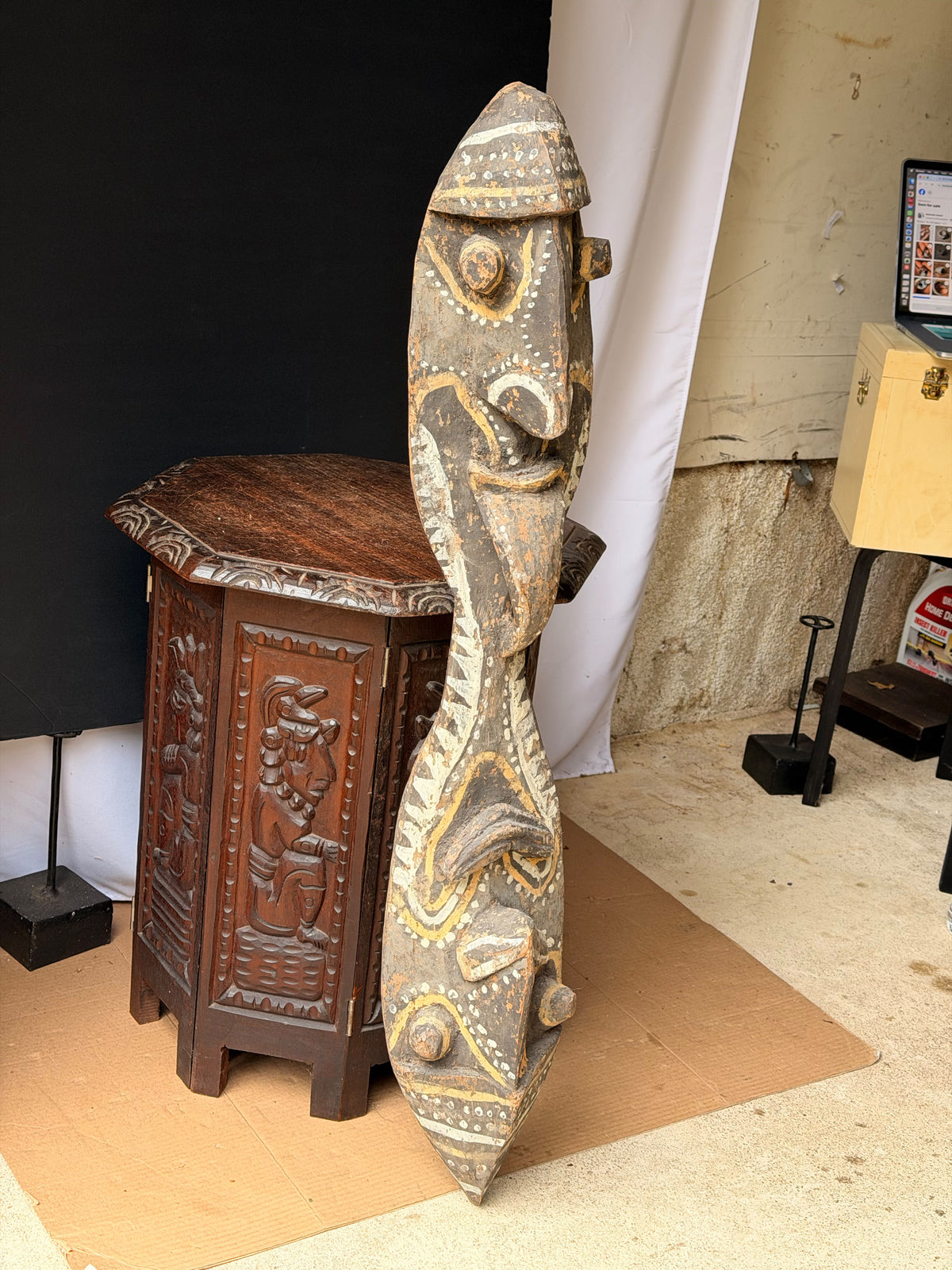 Vintage Sepik River Papua New Guinea Carved Wood Double Face Board Painted 40in