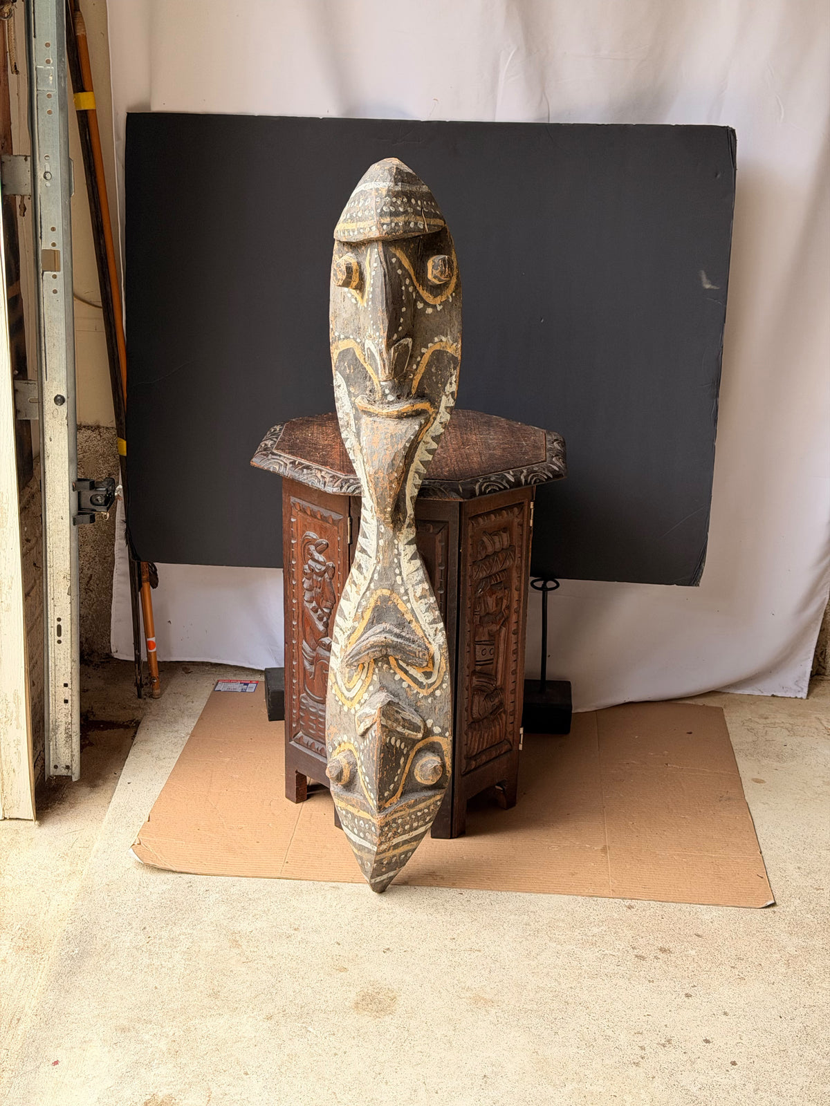 Vintage Sepik River Papua New Guinea Carved Wood Double Face Board Painted 40in