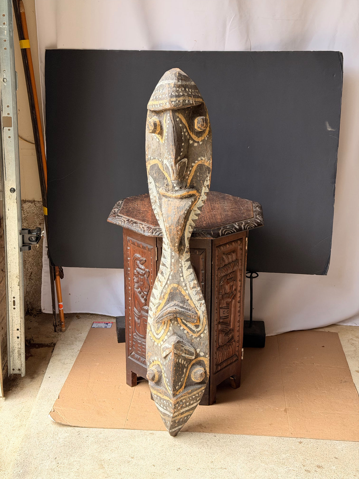 Vintage Sepik River Papua New Guinea Carved Wood Double Face Board Painted 40in