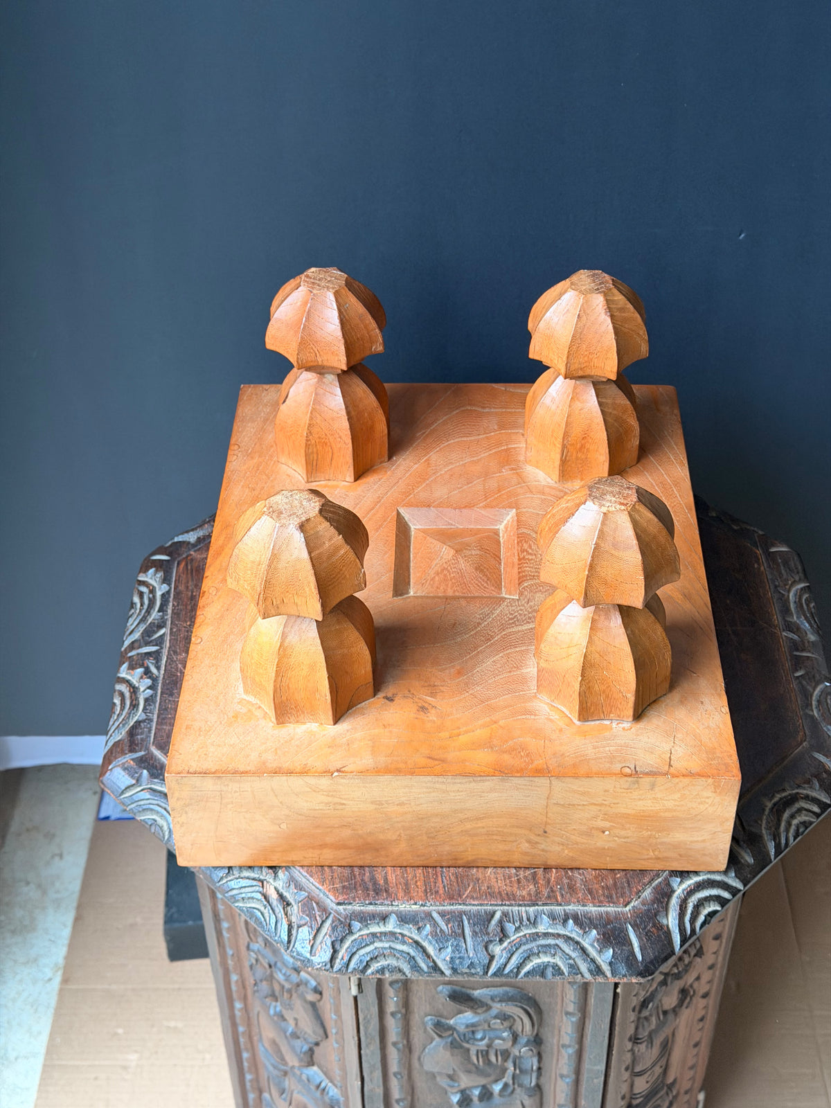 Vintage Japanese Shogi Board with Carved Gardenia Legs Solid Wood Shogiban 14in