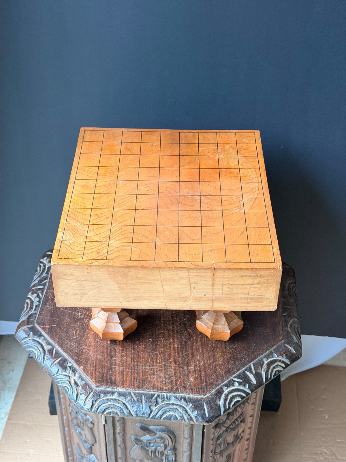 Vintage Japanese Shogi Board with Carved Gardenia Legs Solid Wood Shogiban 14in