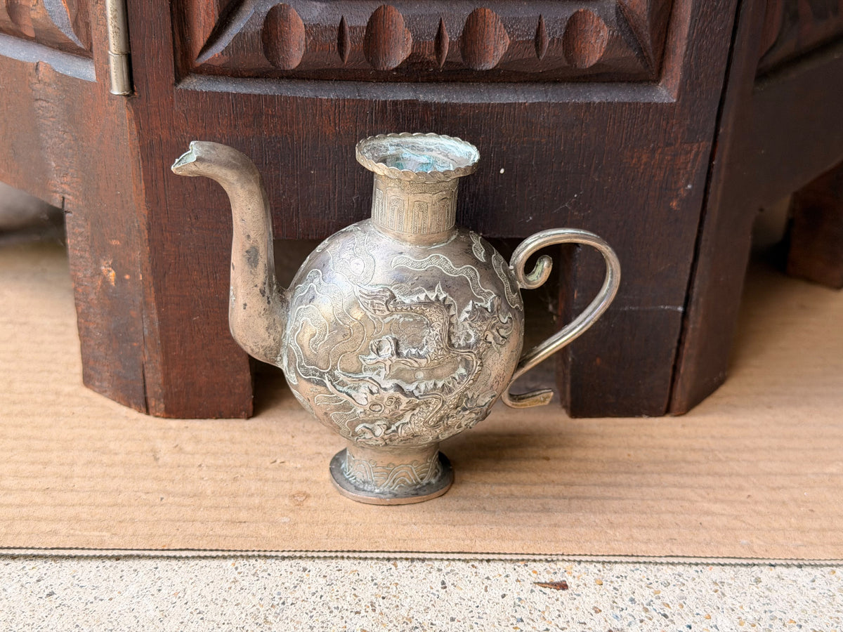 Vintage Chinese Silvered Dragon Ewer Wine Pot Teapot Repousse Clouds Small 4.6in