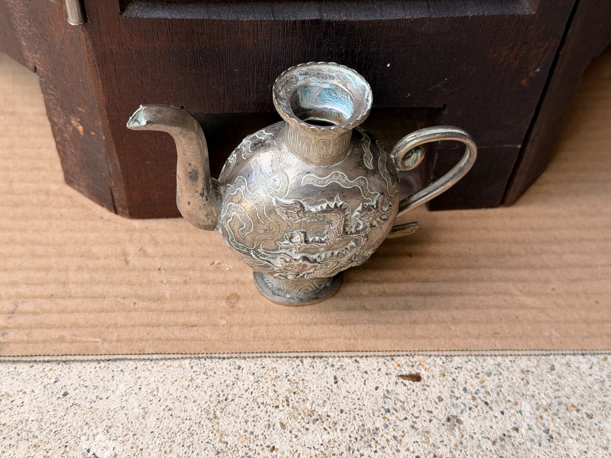 Vintage Chinese Silvered Dragon Ewer Wine Pot Teapot Repousse Clouds Small 4.6in