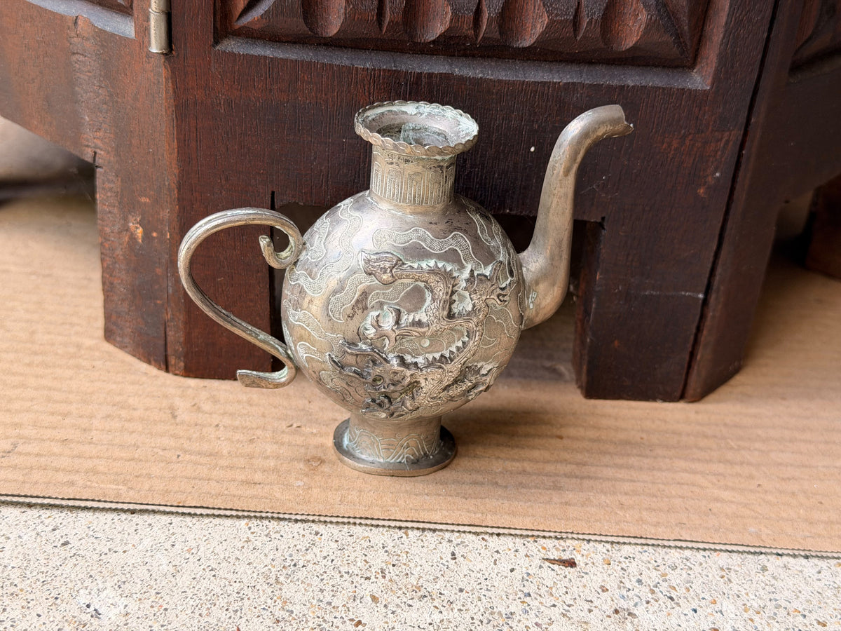 Vintage Chinese Silvered Dragon Ewer Wine Pot Teapot Repousse Clouds Small 4.6in
