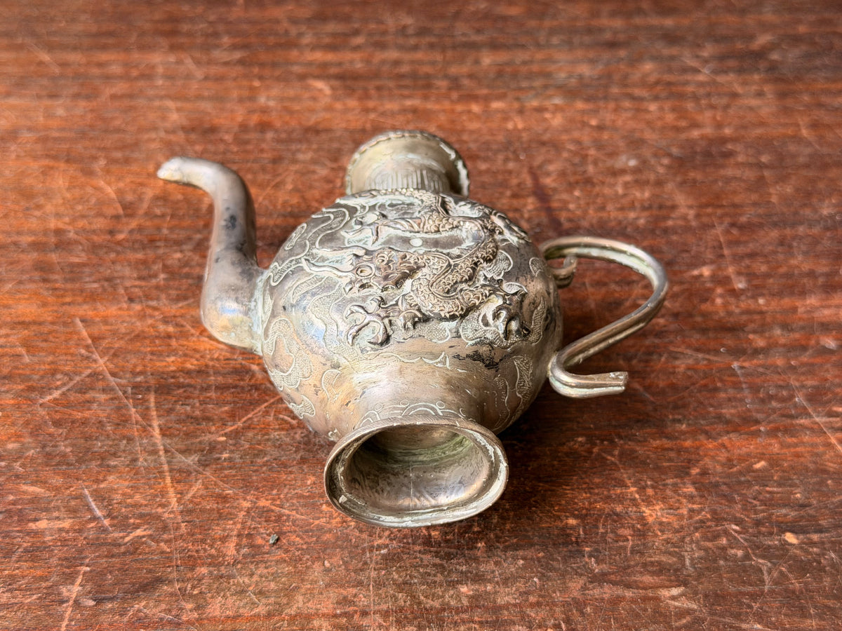 Vintage Chinese Silvered Dragon Ewer Wine Pot Teapot Repousse Clouds Small 4.6in