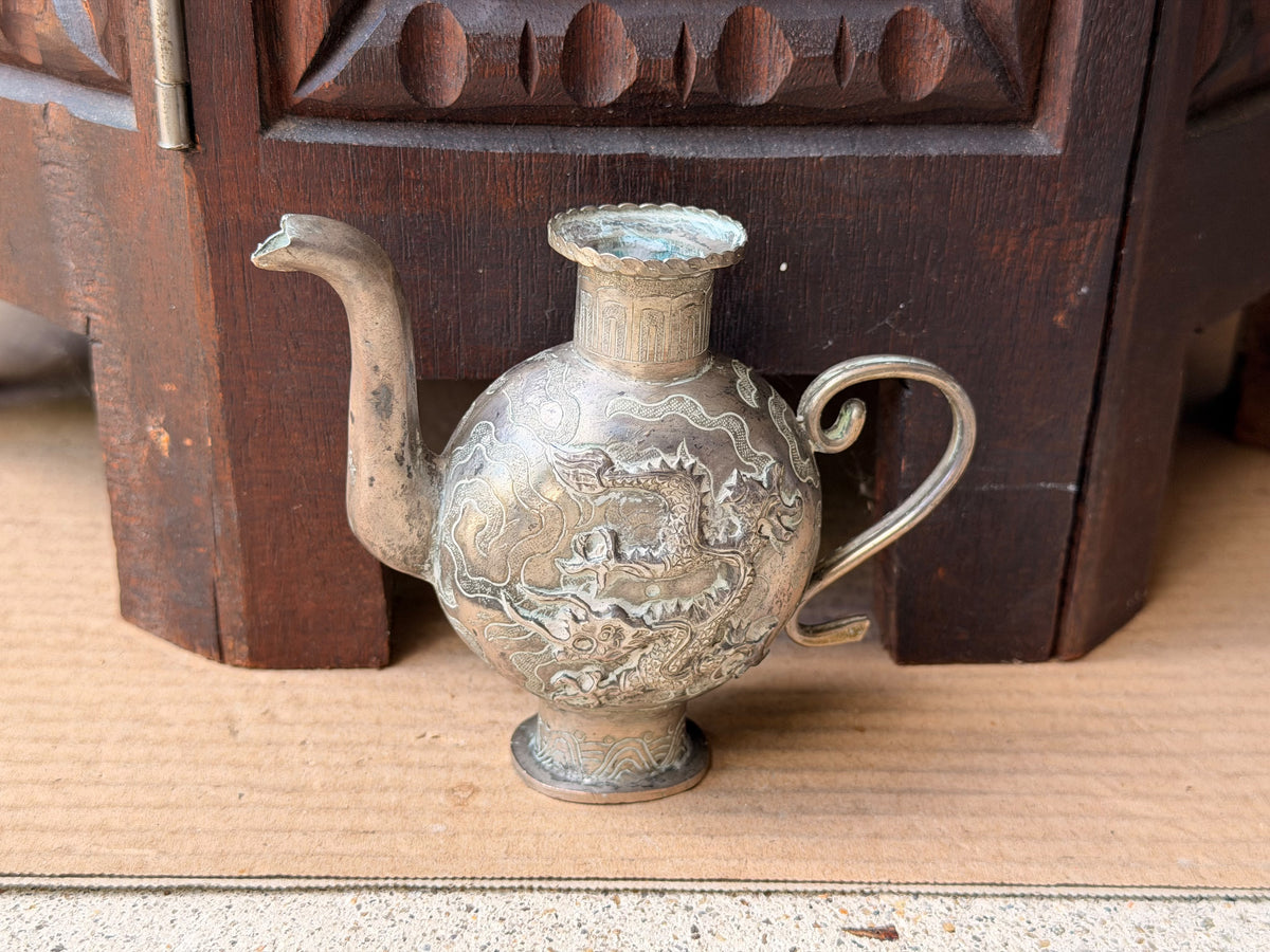 Vintage Chinese Silvered Dragon Ewer Wine Pot Teapot Repousse Clouds Small 4.6in