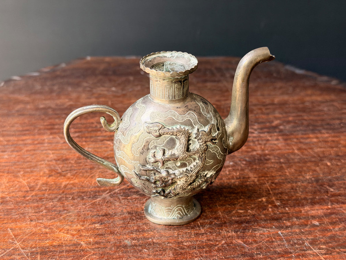 Vintage Chinese Silvered Dragon Ewer Wine Pot Teapot Repousse Clouds Small 4.6in