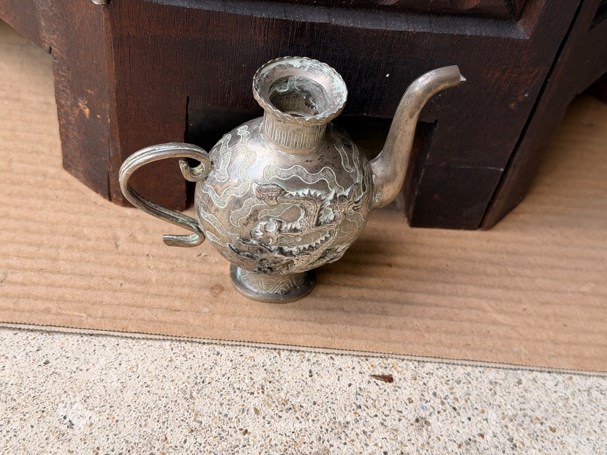 Vintage Chinese Silvered Dragon Ewer Wine Pot Teapot Repousse Clouds Small 4.6in