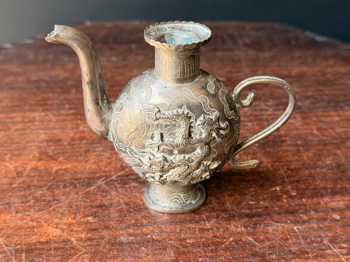 Vintage Chinese Silvered Dragon Ewer Wine Pot Teapot Repousse Clouds Small 4.6in