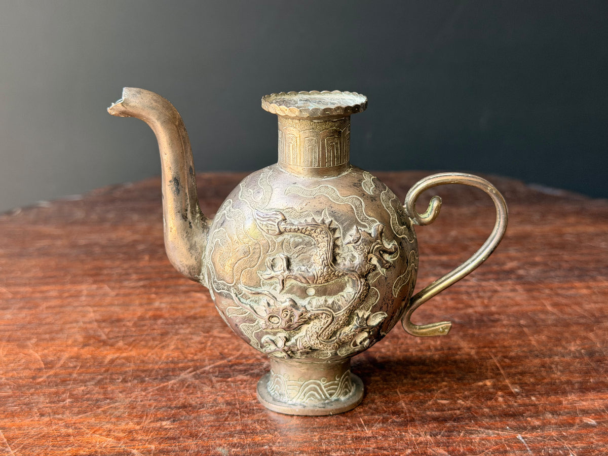 Vintage Chinese Silvered Dragon Ewer Wine Pot Teapot Repousse Clouds Small 4.6in