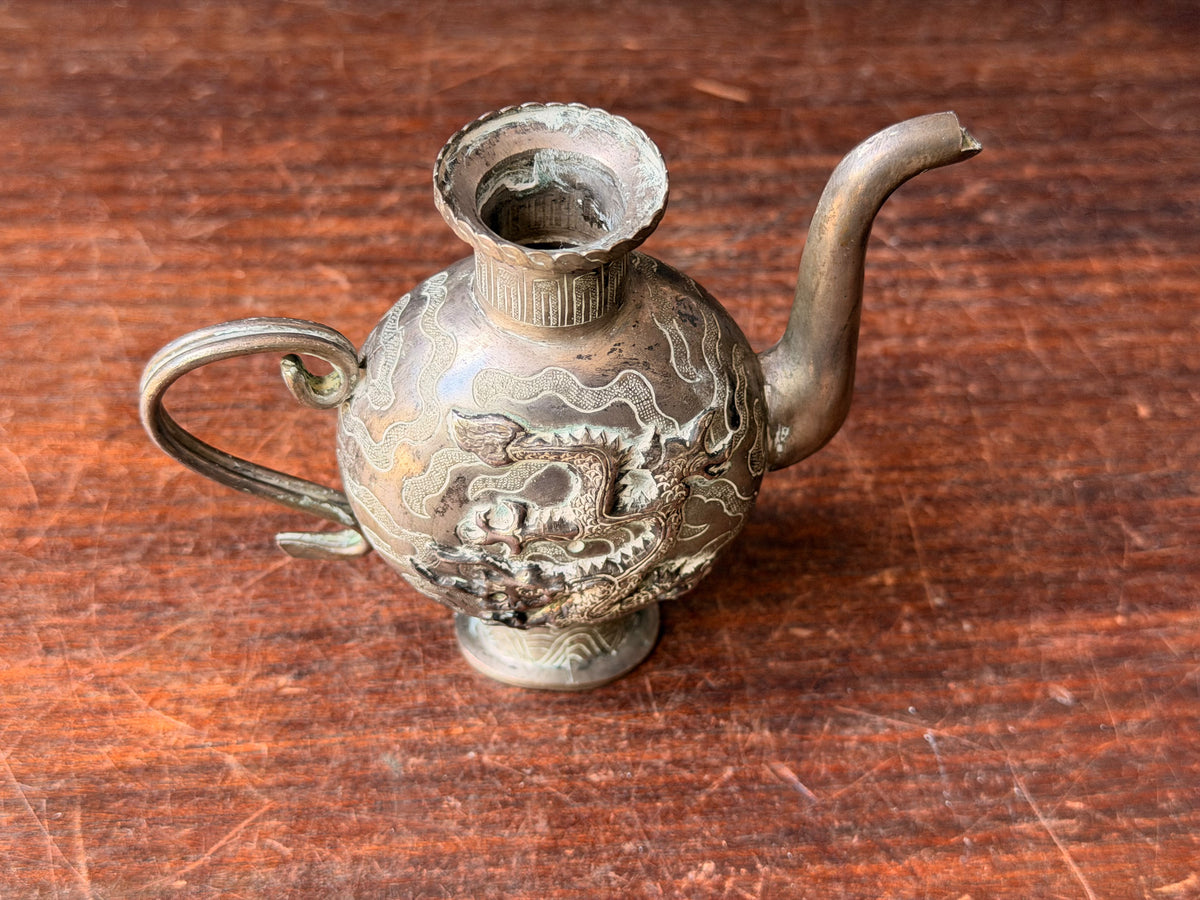 Vintage Chinese Silvered Dragon Ewer Wine Pot Teapot Repousse Clouds Small 4.6in