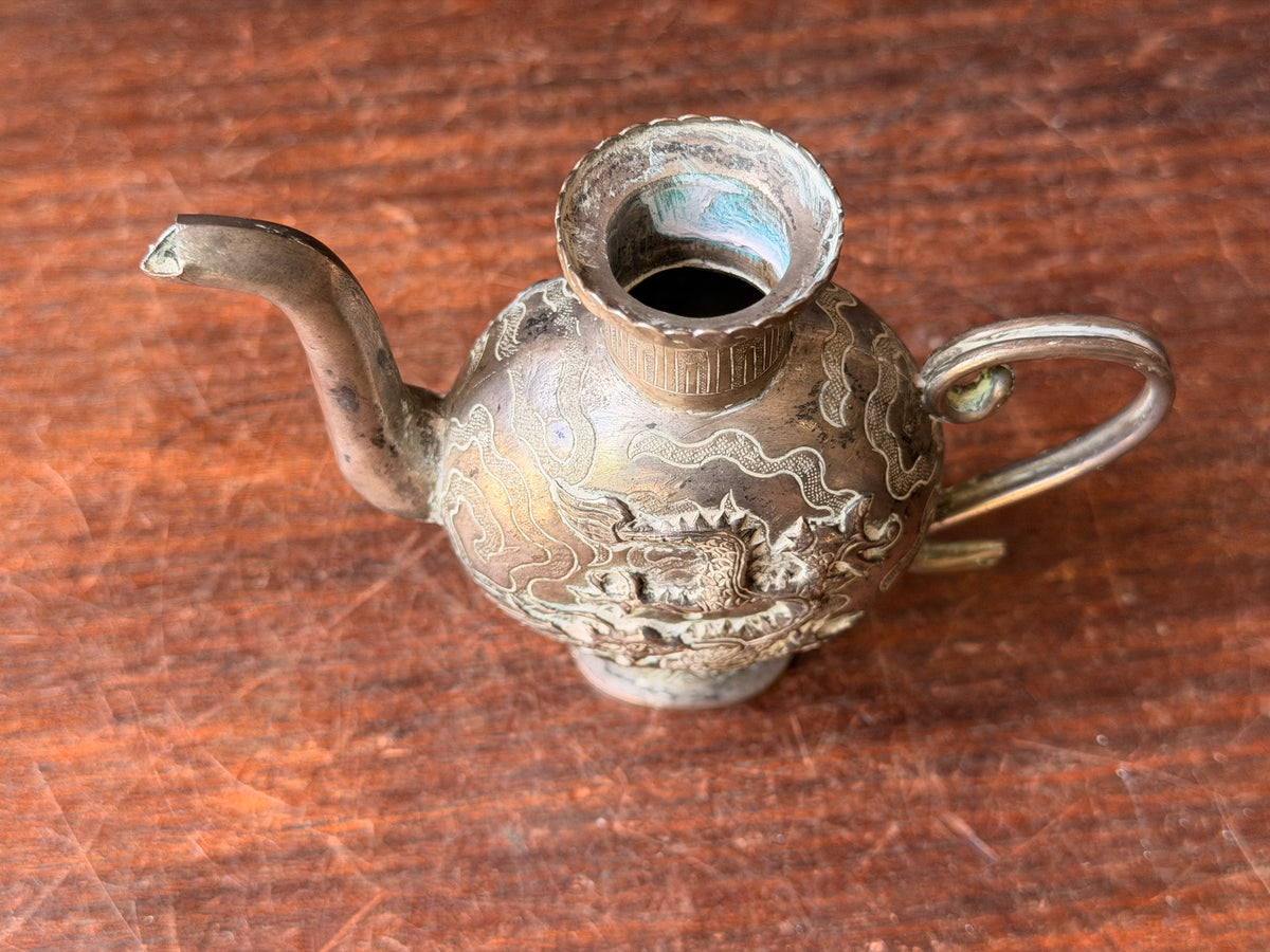 Vintage Chinese Silvered Dragon Ewer Wine Pot Teapot Repousse Clouds Small 4.6in