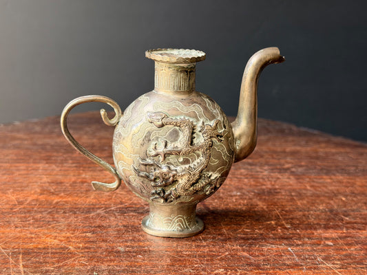 Vintage Chinese Silvered Dragon Ewer Wine Pot Teapot Repousse Clouds Small 4.6in