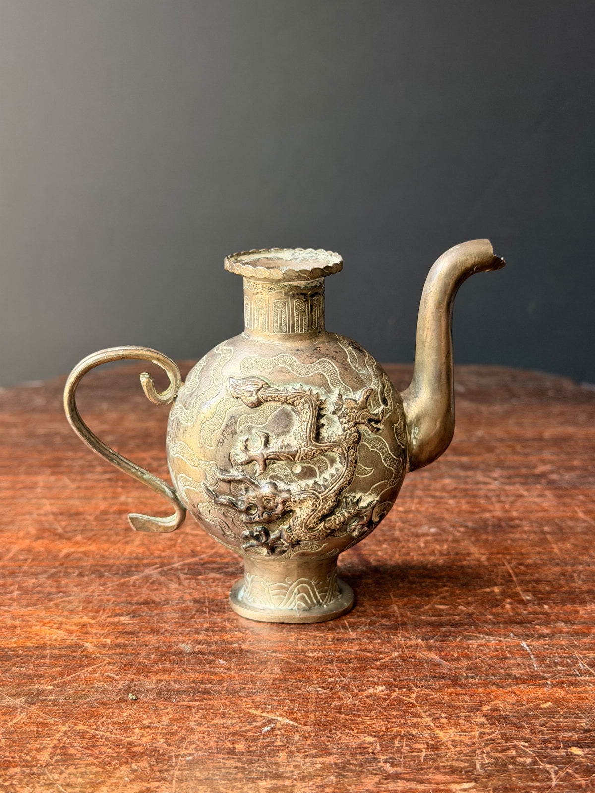 Vintage Chinese Silvered Dragon Ewer Wine Pot Teapot Repousse Clouds Small 4.6in