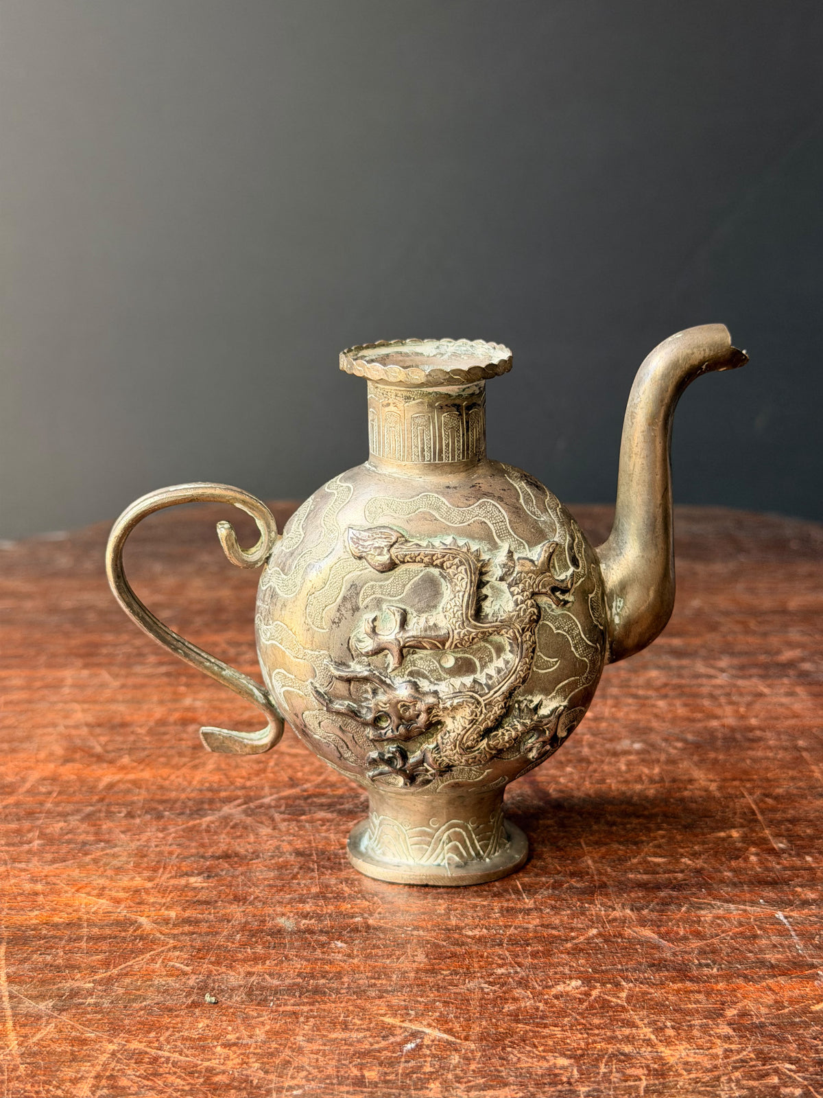 Vintage Chinese Silvered Dragon Ewer Wine Pot Teapot Repousse Clouds Small 4.6in