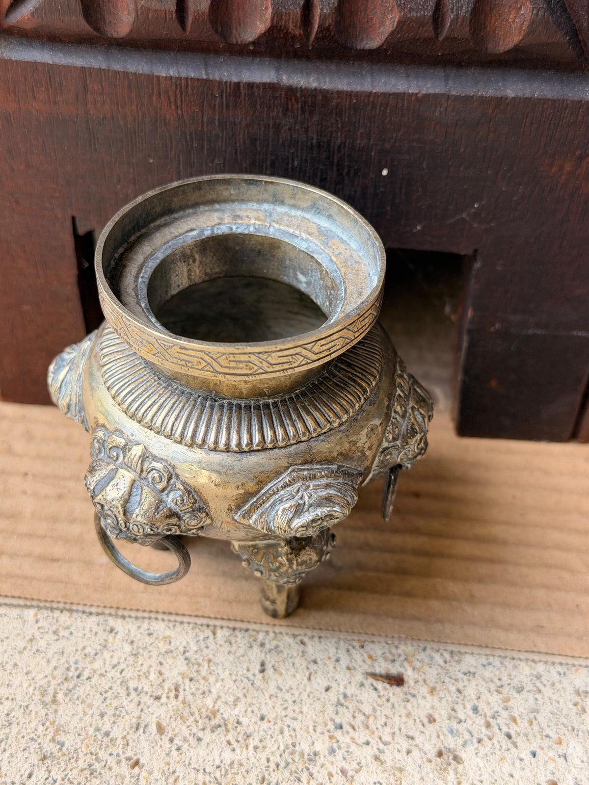Vintage Chinese Silvered Brass Tripod Censer Incense Burner Lion Ring Handles