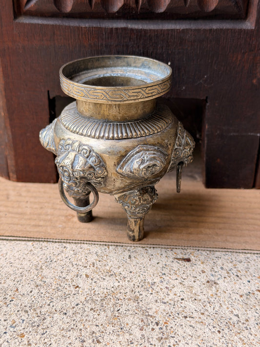 Vintage Chinese Silvered Brass Tripod Censer Incense Burner Lion Ring Handles