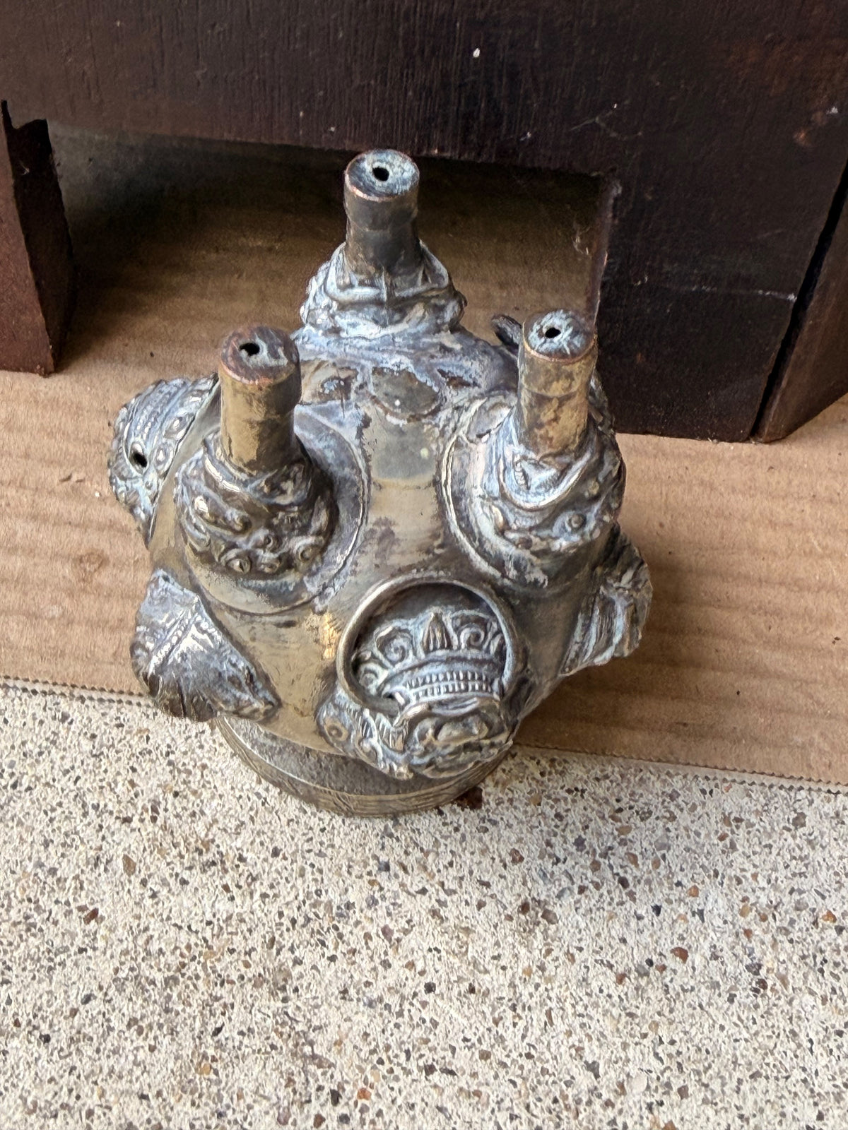 Vintage Chinese Silvered Brass Tripod Censer Incense Burner Lion Ring Handles