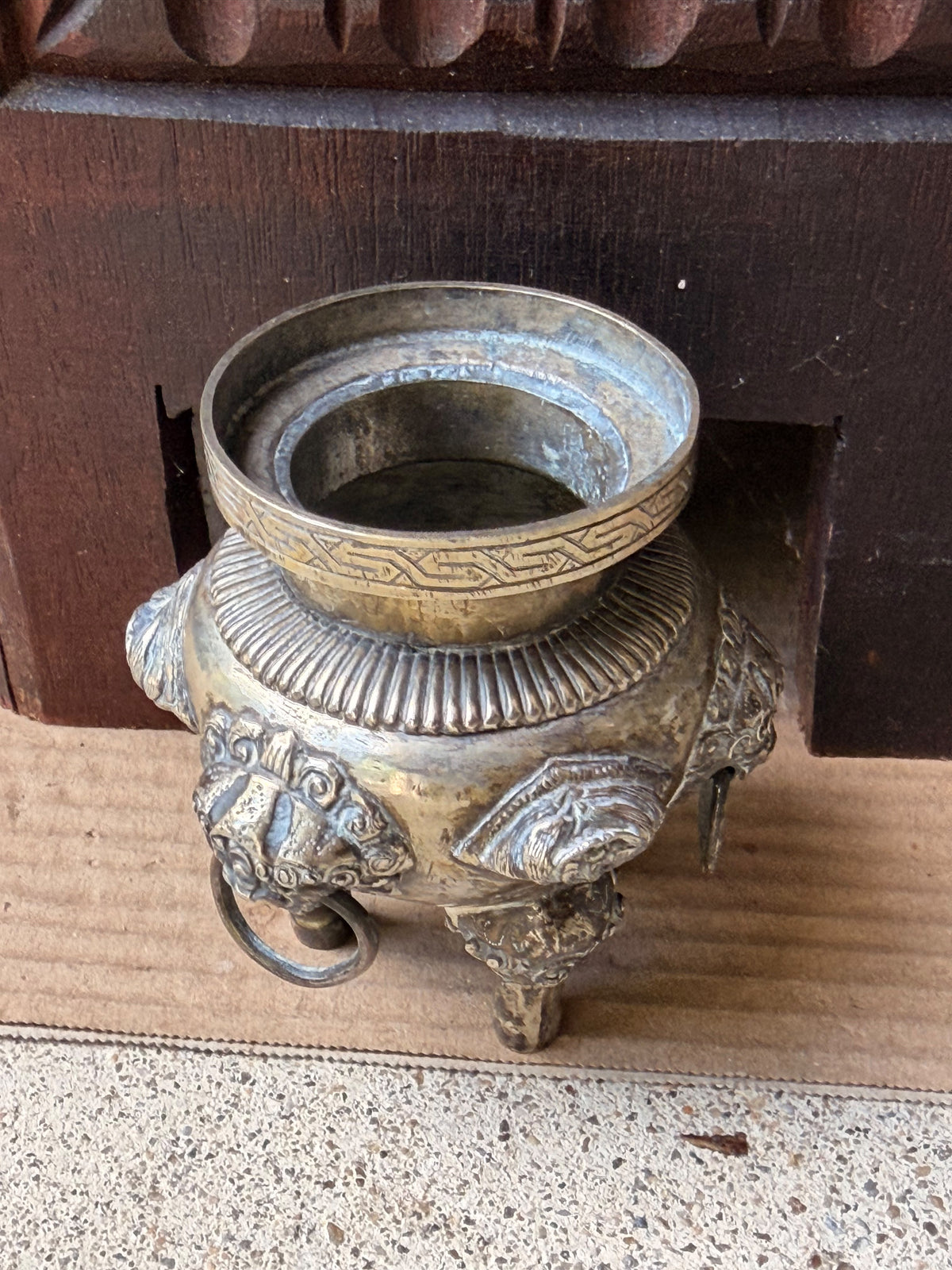 Vintage Chinese Silvered Brass Tripod Censer Incense Burner Lion Ring Handles