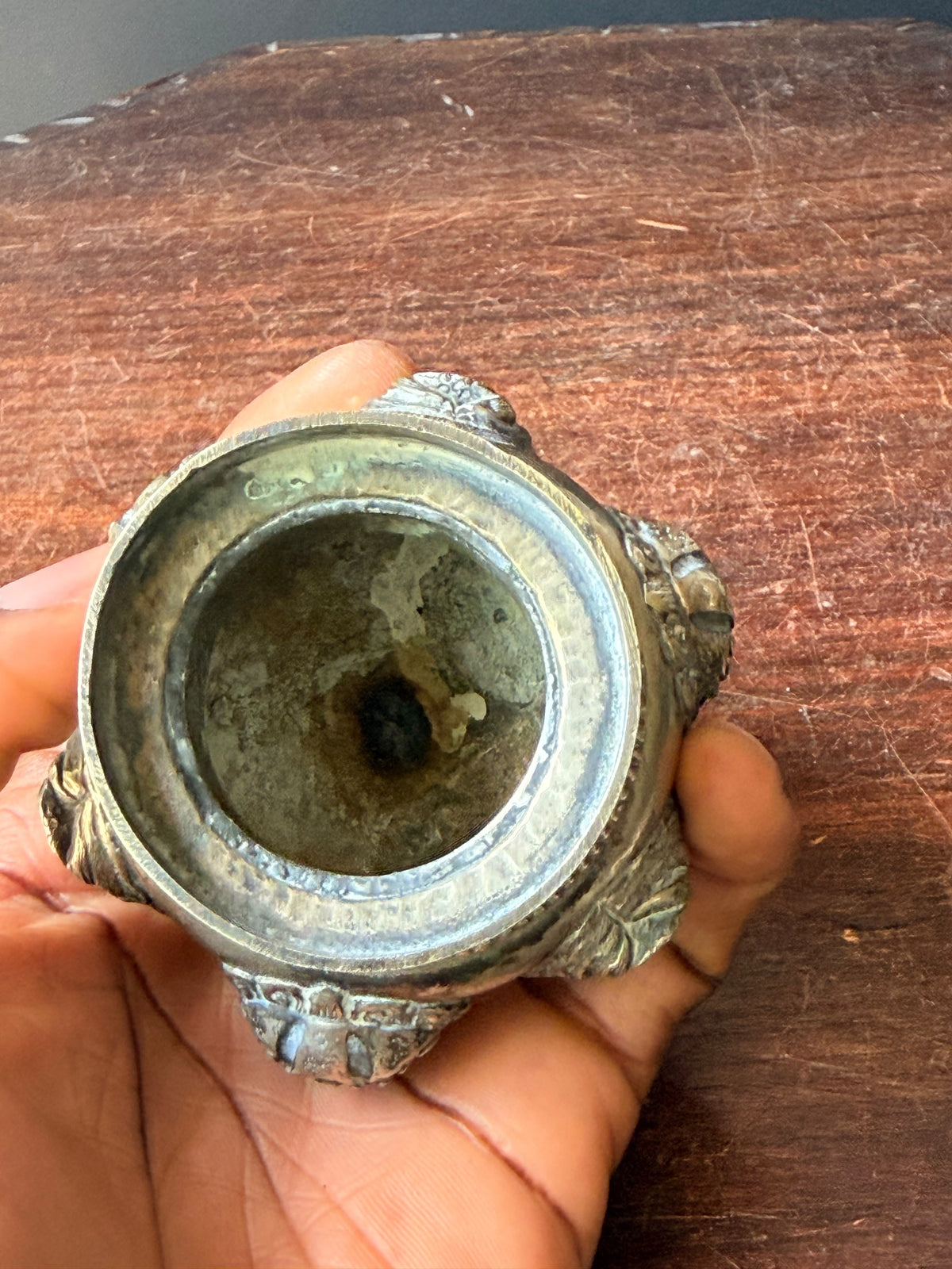 Vintage Chinese Silvered Brass Tripod Censer Incense Burner Lion Ring Handles