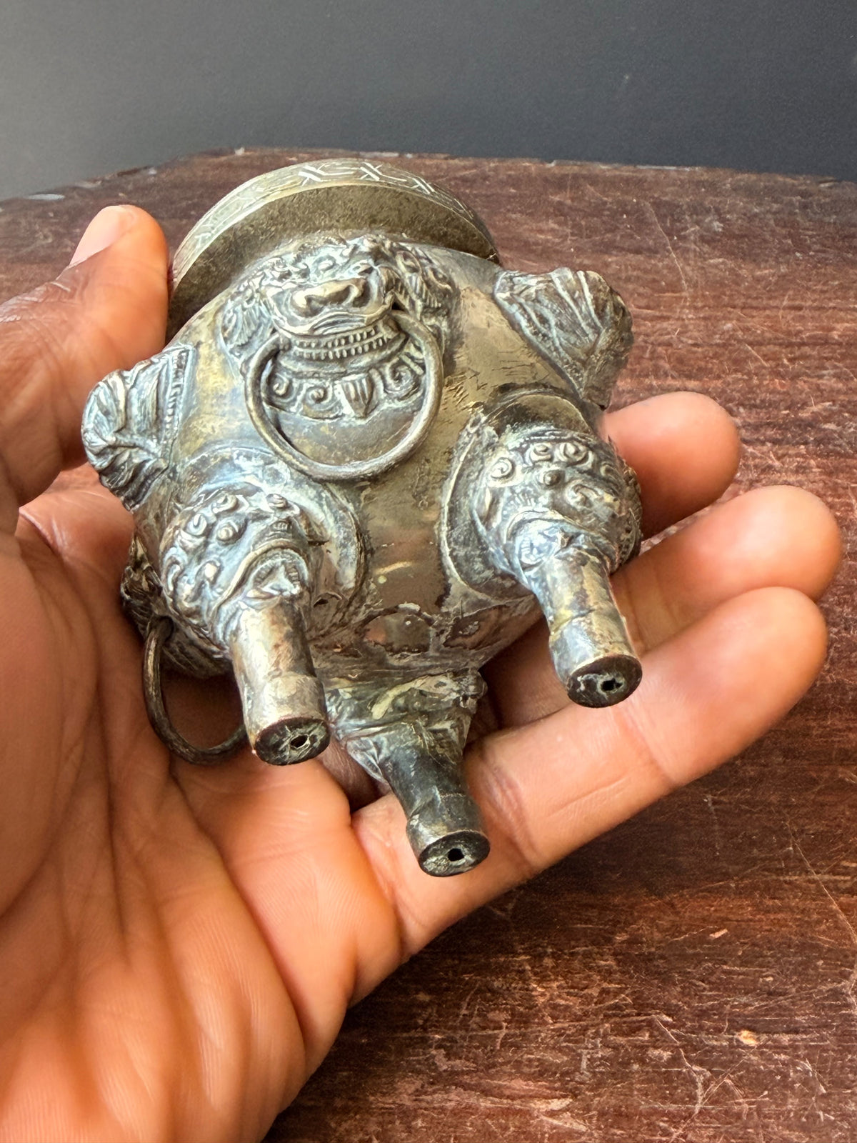 Vintage Chinese Silvered Brass Tripod Censer Incense Burner Lion Ring Handles