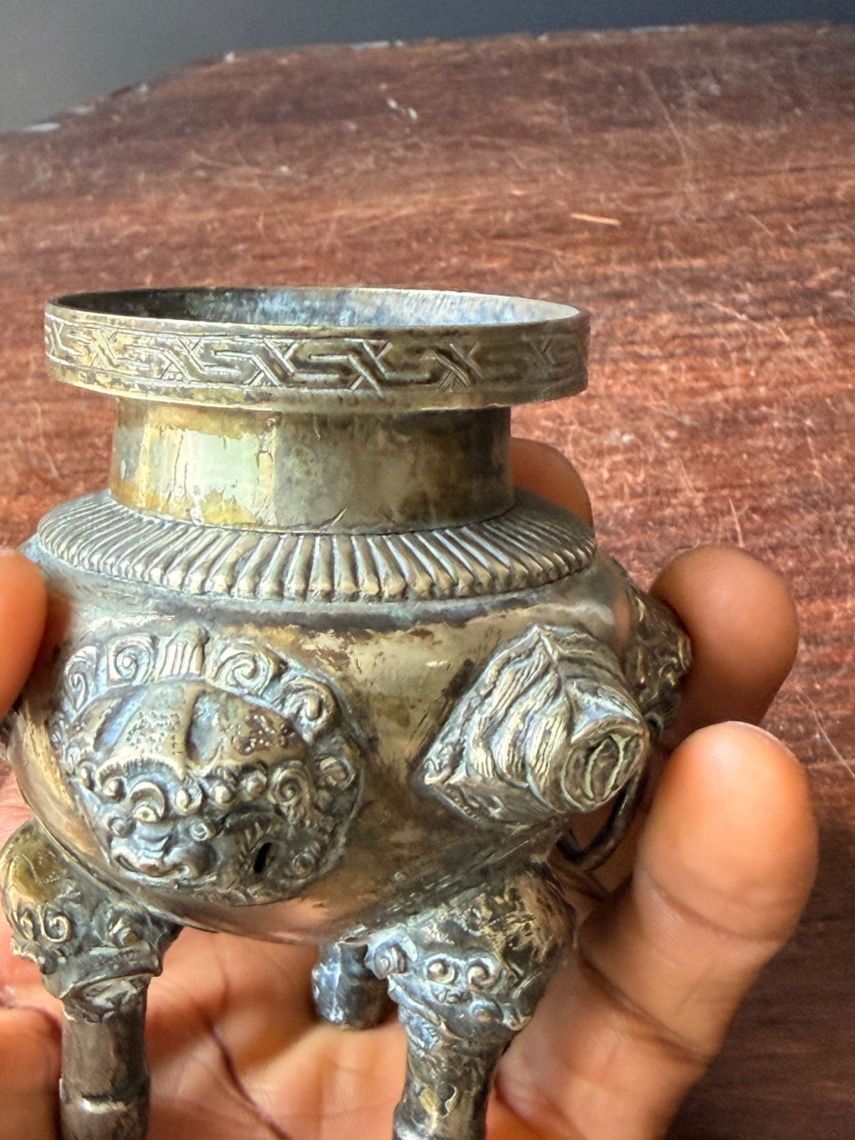 Vintage Chinese Silvered Brass Tripod Censer Incense Burner Lion Ring Handles