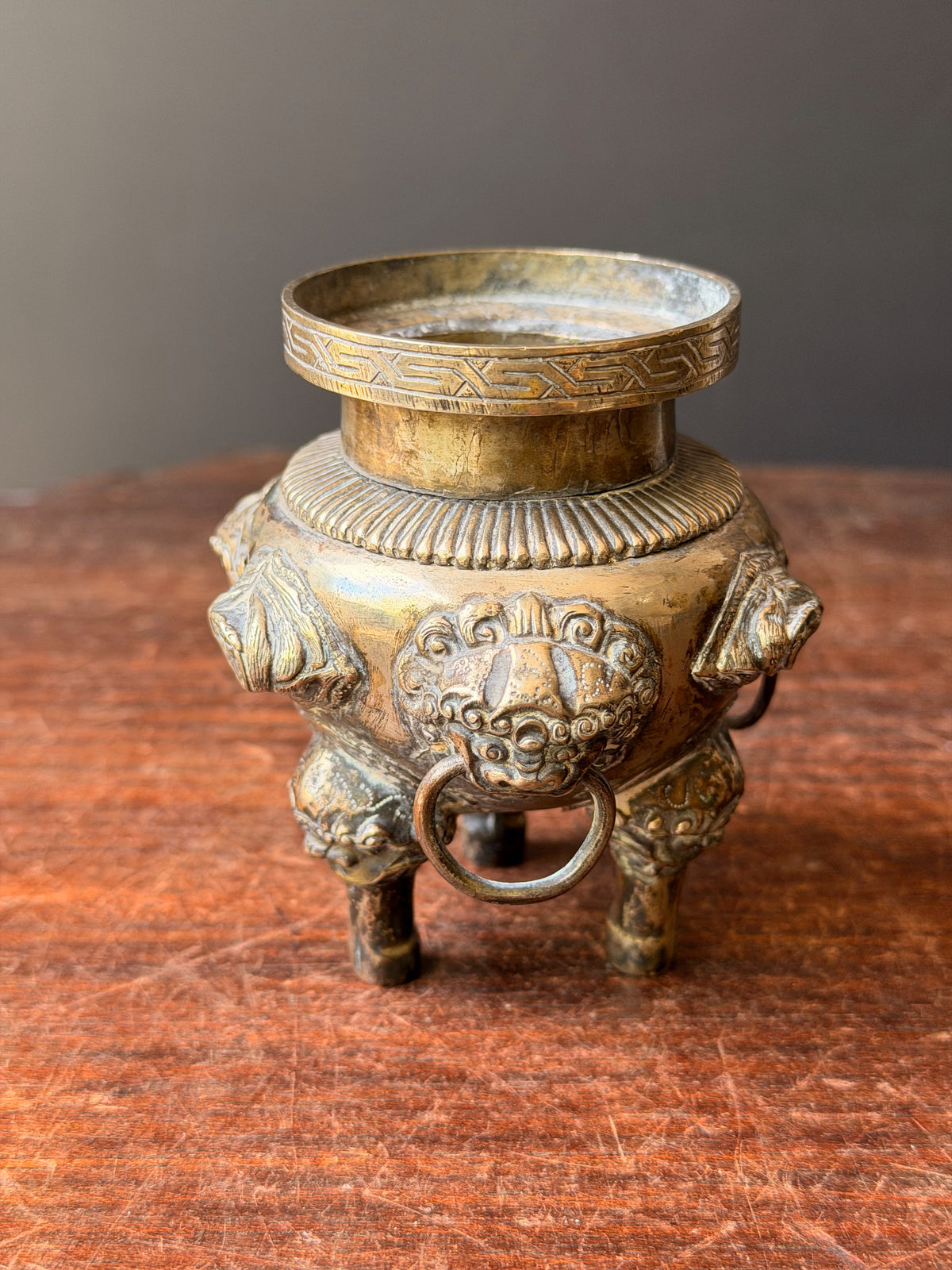 Vintage Chinese Silvered Brass Tripod Censer Incense Burner Lion Ring Handles